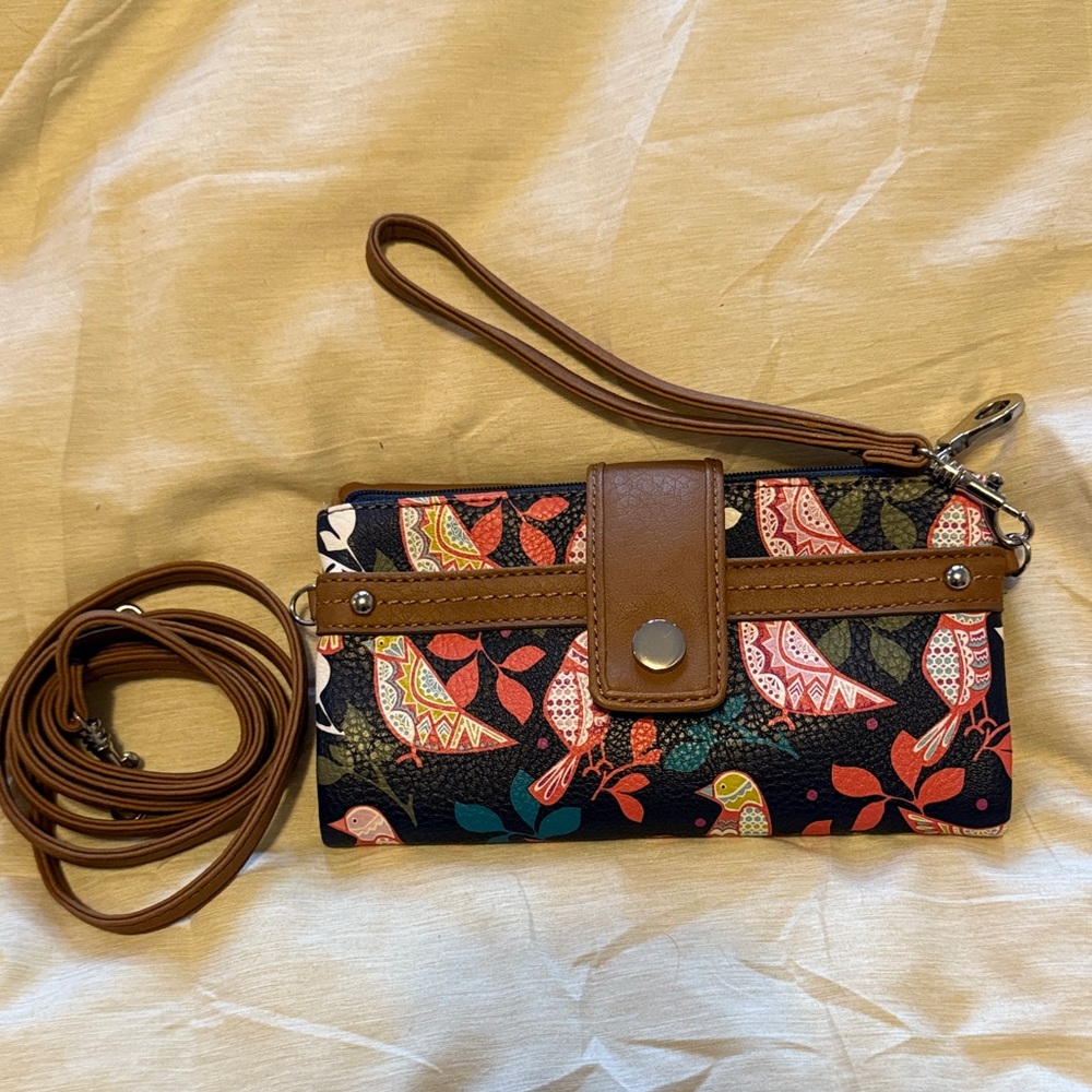 Colorful Bird Print Wristlet Clutch with Brown Strap